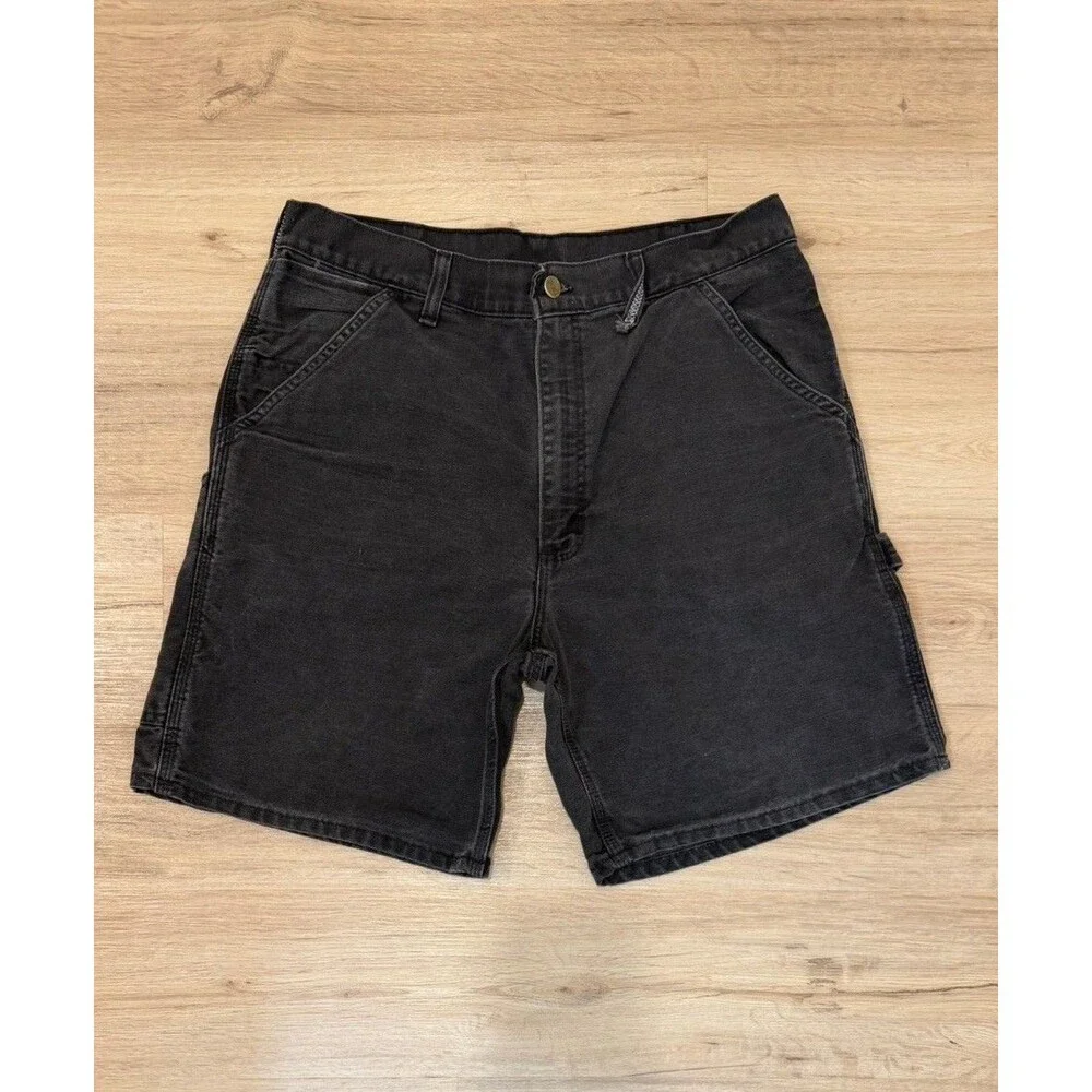 Vintage CARHARTT WU1905 BLK Carpenter Canvas LEATHER PATCH Shorts Sz 32/34